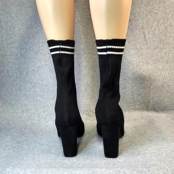 Adorable Mid Calf Black & White Stretchy Sock Boot With 3.5" Block Heels - Picture 5 of 6